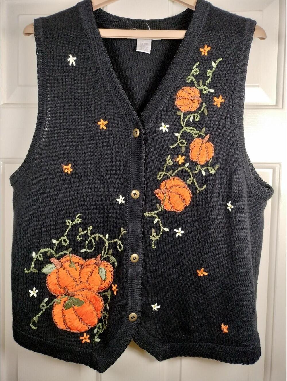 Vtg Arriviste Pumpkin Embroidered Sweater Vest L Halloween Fall Thanksgiving - Picture 2 of 11
